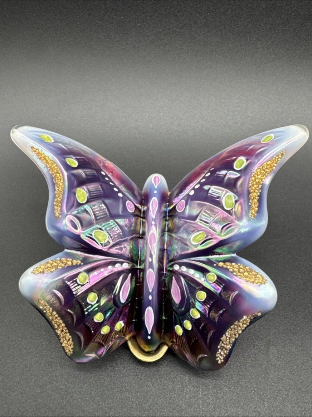 VTG Fenton Art Glass Purple Iridescent Opalescent Butterfly Brass Stand